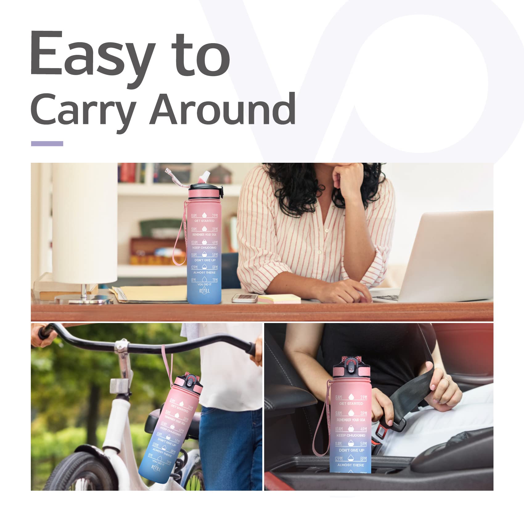 deevudi 32Oz Motivational Fitness Sports Water Bottle With Time Marker&Straw,Large Wide Mouth Leakproof Durable Bpa Free Non-Toxic-Ombre Green Purple (Plastic,Pack Of 1 Bottle),32 fluid_ounce